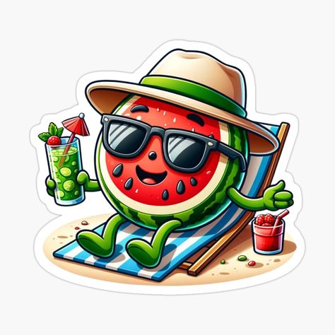 Get my art printed on awesome products. Support me at Redbubble #RBandME: https://www.redbubble.com/i/sticker/Relaxing-Watermelon-Sipping-a-Mojito-on-the-Beach-Illustration-by-vk09/159095194.EJUG5?asc=u Watermelon Cartoon, Watermelon Clipart, Watermelon Illustration, Food Vector, Cartoon Coloring, Drink Stickers, Beach Illustration, Purple Grapes, Cartoon Coloring Pages