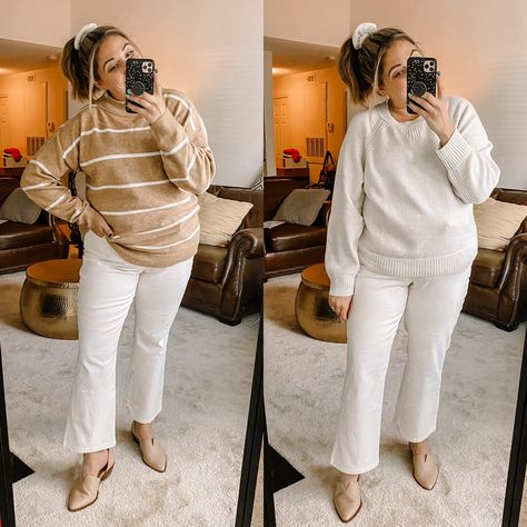 Ideas on how to style winter white denim! *Tip on the jeans, DEFINITELY size up 1 if midsize or plus! (Wearing a 14, totes need a 16) Plus Size White Jeans Outfit, Plus Size White Pants, Plus Size White Jeans, White Pants Outfit Winter, Winter White Jeans, White Jeans Outfit Winter, White Jeans Winter, White Pants Outfit, Winter Pants Outfit