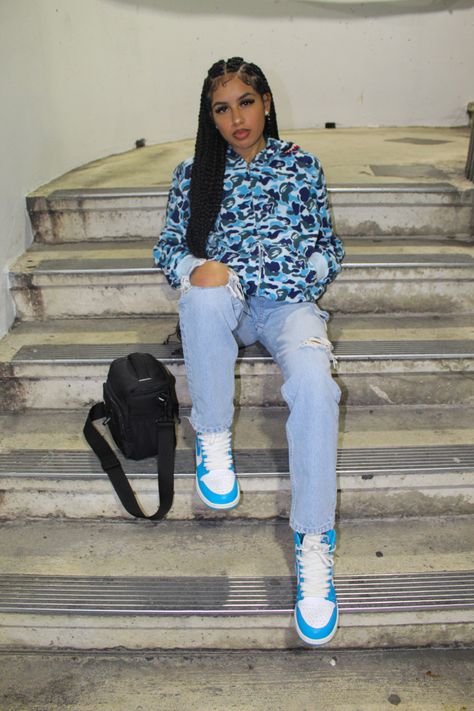 Blue Bape Hoodie Outfit, Blue Bape Hoodie, Unc Jordan 1, Braids Blue, Hoodie Bape, Summer Smash, Jordan Unc, Bape Outfits, Jordan 1 Unc