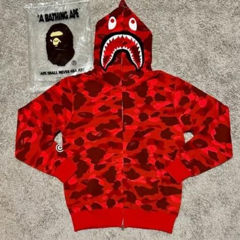 Red Camo Shark Full Zip Up Bape Hoodie Purple Bape Hoodie, Grey Bape Hoodie, Bape Full Zip Hoodie, Blue Bape Hoodie, Pink Bape Hoodie, Bape Purple, Bape Shark Hoodie, Bape Jacket, Bape Shark