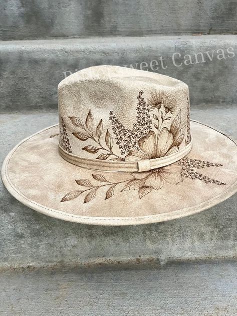 Botanical Crown Burned Hat Beige Suede Hat Flst Top Cowboy Hat Ladies Western Hat Wedding Hat Wide Brim Fedora Hippie Rancher Hat - Etsy Burned Hat Design Western, Burned Baseball Hat, Burned Hat Design, Embellished Cowboy Hat, Burned Hats, Cowboy Hat Design, Hat Burning, Custom Cowboy Hats, Suede Hat