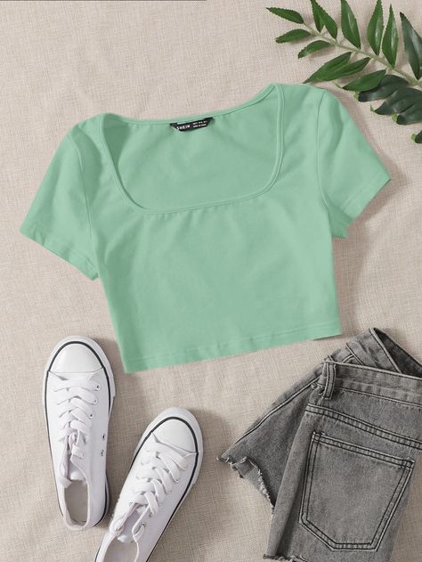 Basic Outfits Summer, Mint Green Outfits, Mint Outfit, Mint Shirt, Shein Basics, Shein Outfits, Causal Outfits, Sweater Trends, Tween Outfits