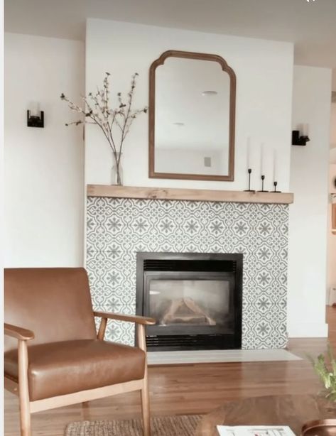 Moroccan Fireplace Ideas, Tiled Open Fireplace, Two Different Tiles On Fireplace, Tiles For Fireplace Surround, Fireplace With Spanish Tile, Tile Fireplace With Hearth, Fun Tile Fireplace, Decorative Tile Fireplace, Fireplace Design Tile