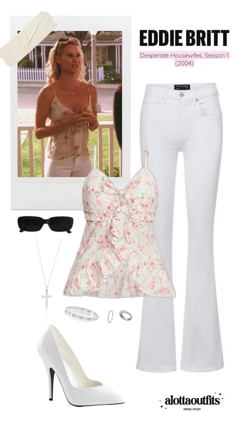 Eddie Britt inspired outfit featuring a floral peplum sleeveless top, white jeans and bold accessories Confident Outfits, Edie Britt, Confident Outfit, Desperate Housewives, Summer Lookbook, Going Out Outfits, Rachel Zoe, Cute Fits, College Outfits