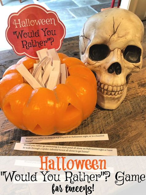 This Halloween Would You Rather game is perfect for tweens! Whether you are planning a Halloween party for your tween and their friends or just looking for something fun and silly to do as a family to celebrate the holiday- this free printable Halloween Would You Rather game is sure to be a hit!  #WouldYouRather #HalloweenGames #HalloweenGamesForKids #HalloweenIdeas via @sharonmomof6 Halloween Party Ideas For Kids, Teen Halloween Party, Halloween Sleepover, Fun Halloween Party Games, Halloween Party Activities, Would You Rather Game, Games Halloween, Fun Halloween Games, Free Printable Halloween