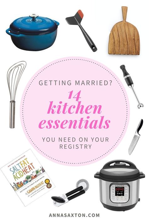 Engaged but overwhelmed by your registry? Check out this list of 14 essentials you gotta have on your registry. These are the kitchen tools I use almost every day, and they make cooking easier, especially for beginning cooks. Even if you have a small kitchen, these tools are worth the space in your cupboards. Click to save yourself some stress! #engaged #registry #kitchen #cooking Kitchen Registry Checklist, Kitchen Registry, Wedding Registry Checklist, Kitchen Essentials List, Registry Checklist, Kitchen Necessities, Kitchen Games, Essential Kitchen Tools, Basic Kitchen