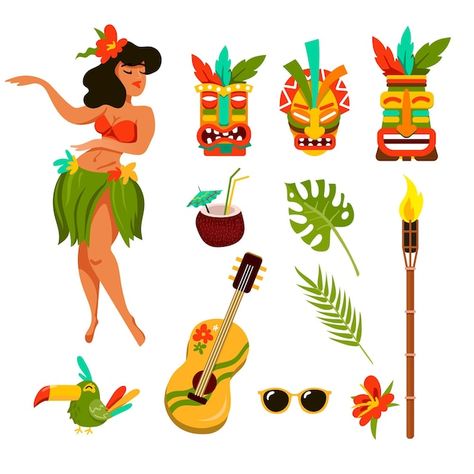 Hawaii Illustration, Travel Symbols, Tiki Hawaii, Hawaii Kids, Hawaii Hula, Vector Symbols, Hawaii Ocean, Fiesta Tropical, Hawaii Party