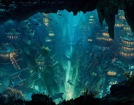 Underwater City Illustration, Atlantis City Art, Atlantis Fantasy Art, Water World Fantasy Art, Atlantis Art Underwater City, Dnd Setting Inspiration, Fantasy Water City, Atlantis Artwork, Water City Fantasy Art