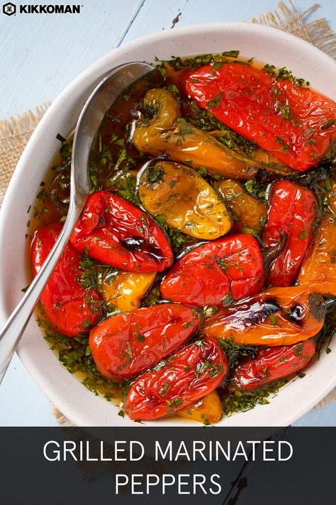 Grilled Mini Peppers Recipes, Corbaci Pepper Recipes, Marinated Bell Peppers, Bell Peppers Side Dish, Marinated Peppers Italian, Grilled Peppers Recipe, Sides For Burgers, Marinated Peppers, Italian Peppers