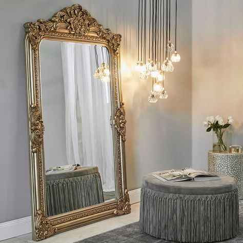 Such a stunning piece! I love how the Eleanor Floor Mirror adds a touch of luxury to the space. ✨😍 #indoor #indoorfurniture #furniture #livingroom #mirror #floormirro #home #homedecor Floor Mirror With Lights, Gold Floor Mirror, Fancy Mirror, Beautiful Bed Designs, Large Floor Mirror, Gold Floor, Bevelled Mirror, Wedding Mirror, Ornate Mirror