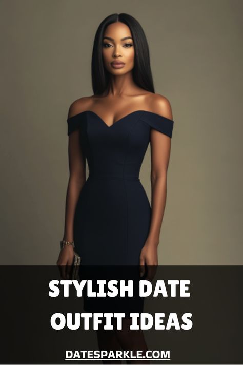 Woman in an elegant off-shoulder navy dress with "Stylish Date Outfit Ideas" text overlay. Date Night Outfit Classy Dinner Dress, Classy Date Outfits, Fancy Date Night Outfit Classy, Date Outfit Inspiration, Classy Dinner Dress, Dinner Date Outfit Ideas, Elegant Dinner Outfit, Fancy Date Night Outfit, Date Outfit Ideas