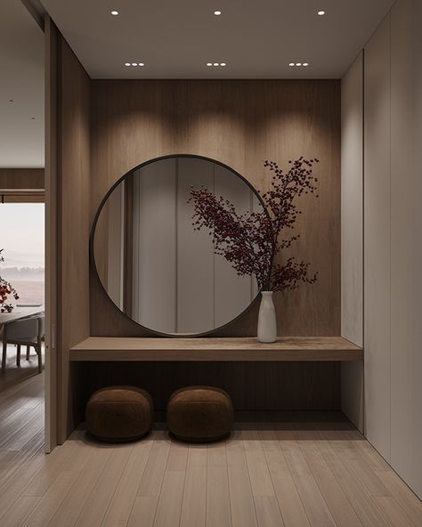 JAPANDI X. KITCHEN-LIVINGROOM-HALLWAY :: Behance Japandi Interiors, Japandi Home, Japandi Living, Home Hall Design, Living Room Furniture Arrangement, Japandi Interior, Hallway Design, Foyer Design, Mirror On The Wall