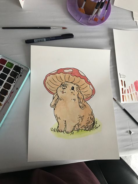 Mushroom Bunny Drawing, Mushroom Animal Drawing, Animals With Mushroom Hats, Cute Simple Watercolor Paintings, Mushroom Cow Painting, Cool Bunny Drawing, Watercolor Art Bunny, Cow Drawings Sketches, Bunny Drawings Easy