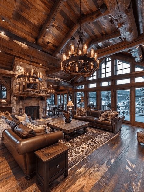 Myths About Rustic Interior Design: Grand Lodge-Style Living Room with Exposed Beams and Cozy Firepl Rustic Inside House, Old Rustic House Interior Design, Cabin Home Interior Design, Cute House Interior Living Room, Large Rustic Living Room, Cool Cabin Interiors, Beautiful Fireplaces Dream Homes, Country House Design Interior, Log Cabin Game Room Ideas