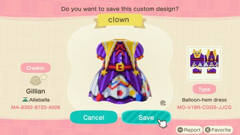 Clown Acnh Codes, Animal Crossing Halloween Costume, Anch Codes, Acnh Dresses, Ac Outfits, Acnh Halloween, Jester Outfit, Clown Dress, Animal Halloween Costumes