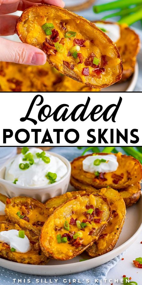 Loaded potato skins make a fantastic side dish that everyone loves. Full of flavor and satisfying, they go well with your favorite main dish or meat, creating a tasty and filling lunch or dinner. Easy to prepare, they're great for potlucks, family gatherings, or a quick dinner at home. Use your potatoes to make these delicious potato skins. Try them out today! Cheesy Potato Skins, Loaded Potato Rounds, Loaded Sweet Potato Skins, Smashed Loaded Potatoes, Potato Sliders, Freezer Potato Skins, Loaded Spuds, Texas Roadhouse Potato Skins, Fried Potato Skins