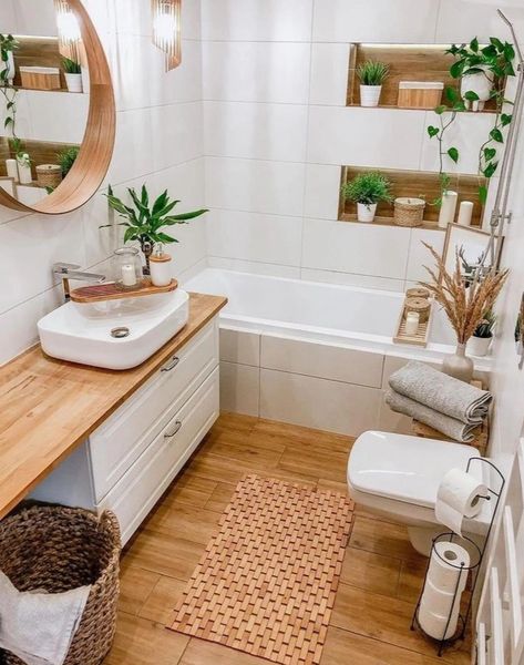 Small Bathroom Ideas With Tub Decor, Bathroom Tiles Small Space, Bathroom Wood Tile, Bathroom Sink Decor Ideas, Lilac Cottage, Wood Tile Bathroom, Wood Floor Bathroom, Apartment Designs, Small Apartment Bathroom