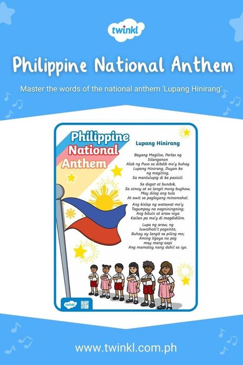 Philippine National Anthem "Lupang Hinirang" poster Philippine National Anthem, Poster Filipino, Filipino Pride, Filipino Culture, Nursery Poster, National Anthem, Powerful Words, A Love, Philippines