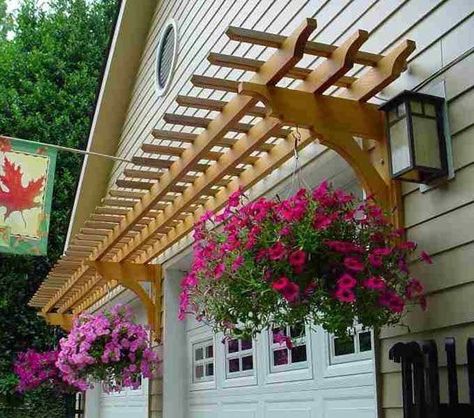 Garage Facade Ideas, Garage Arbor, Garage Pergola, Garage Makeover, Pergola Plans, Bougainvillea, Garage Door, Outdoor Projects, Hanging Baskets