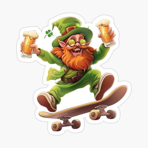 Get my art printed on awesome products. Support me at Redbubble #RBandME: https://www.redbubble.com/i/sticker/Skateboarding-Leprechaun-with-Beer-St-Patrick-s-Day-Celebration-by-HubbyDesignz/159151964.EJUG5?asc=u Holiday Cartoon, Funny Sticker, Cartoon Stickers, St Pattys, St Pattys Day, Fun Stickers, St Patrick’s Day, Skateboarding, Funny Stickers