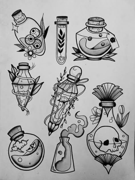 Vial Tattoo Design, Potion Bottle Tattoo Traditional, Potion Vial Tattoo, Witchy Flash Art, Potion Tattoo Design, Vial Drawing, Ouji Board Tattoo, Potion Doodle, Tattoo Flash Sheet Ideas