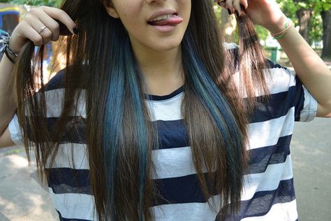 blue highlights for Panama City? Blue Tips Hair, Blonde Brown Hair Color, Purple Hair Streaks, Purple Blonde Hair, Blue Brown Hair, Purple Brown Hair, Blue Hair Highlights, Underlights Hair, Colored Hair Tips