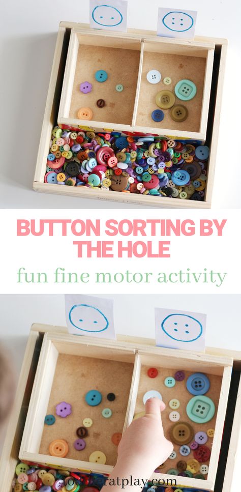 Quick, easy and super fun Botton Sorting by the Hole idea for toddlers! Great as a quick learning activity that will keep toddlers content, focused and busy. #toddleractivity #buttonactivity #learnandplay Homeschooling Activities, Fine Motor Activity, Practical Life Activities, Montessori Diy, Montessori Practical Life, Montessori Toddler Activities, Preschool Fine Motor, Montessori Preschool, Montessori Ideas