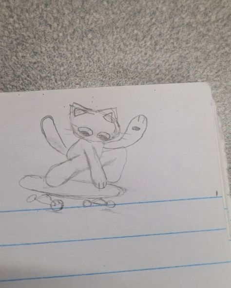 cat on skateboard sketch, doodle inspiration: @stargirlollie Cat On A Skateboard Doodle, Skateboard Cat Drawing, Skateboarding Cat Drawing, Simple Skateboard Drawing, Cat On Skateboard Drawing, Silly Cat Doodles Drawing, Drawing On Skateboard, Dog Doodles Simple, Adventure Time Sketches