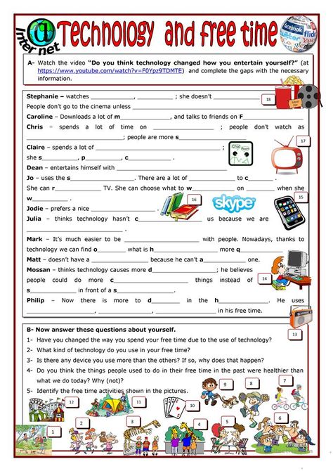 Technology and free time - English ESL Worksheets Technology Worksheets, Middle School Technology, Technology Vocabulary, Kindergarten Technology, Listening Activities, Trees Lights, Free Time Activities, English Ideas, Computer Lessons