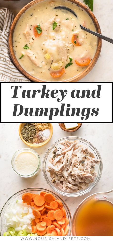 Cozy, easy to make, and completely delicious, these bowls of creamy turkey and dumplings will satisfy you and put extra turkey to good use! Dumplings Soup, Turkey And Dumplings, Turkey Stew, Stew And Dumplings, Dumpling Soup, Dumpling Dough, Chicken Gnocchi Soup, Dumplings For Soup, Spinach Soup