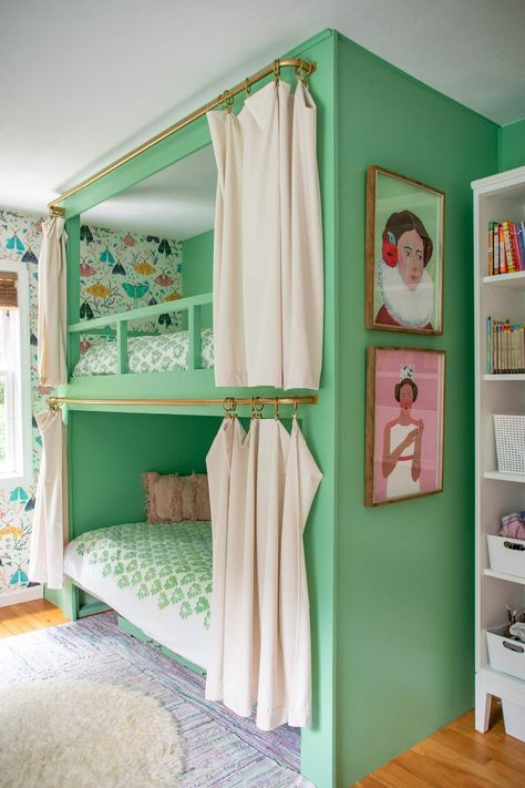 Chic Bunk Beds, Girls Bedroom Ideas Little Shared Bunk Beds, Bunk Bed Makeover Diy, Diy Bunk Bed House, Shared Loft Bedroom, Girls Room Two Beds, Bunk Bed Nook Built Ins, Bunk Bed Playhouse Diy, 2 Beds Girls Room