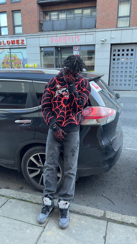 Outfit details: Love4all black and red hoodie, love4all black and red gloves, grey gallery dept jeans, off white jordan 5 muslin, short black dreads. Gallery Dept Jeans, Black Dreads, Black And Red Hoodie, Drippy Outfit, White Jordans, Red Gloves, Gallery Dept, Jordan 5, Red Hoodie