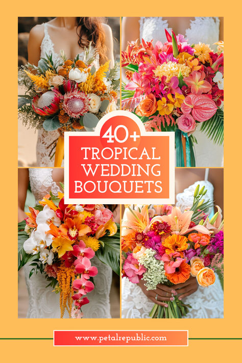 Tropical wedding bouquets bring the kind of energy and drama that’s impossible to ignore. Think bold colors, lush textures, and flowers that look like they’ve been plucked straight from paradise. Whether you’re planning a dreamy beachside ceremony or an exotic-inspired celebration closer to home, these bridal bouquets are a stunning way to infuse your big day with the vibrant spirit of the tropics. Tropical Bouquets Wedding, Hawaiian Bridal Bouquet, Tropical Theme Wedding, Tropical Bridal Bouquet, Rosé Beach, Tropical Wedding Bouquets, Wedding Bouquet Ideas, Tropical Wedding Theme, Tropical Wedding Decor