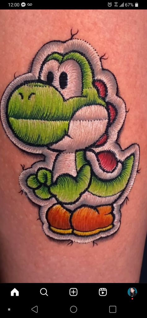 Realistic Patch Tattoo, Yoshi Tattoo Design, Luigi Tattoo, Yoshi Tattoo, Embroidery Tattoo Ideas, Patch Tattoos, Lilo And Stitch Tattoo, Patch Tattoo, Mario Tattoo