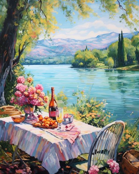 - French picnic painting, lakeside artwork, oil painting of picnic, vivid color art, vibrant digital painting, French countryside canvas, lake scene artwork, outdoor dining art, French culture painting, picnic by the water, colorful oil canvas, digital lakeside picnic, bright color art, French leisure painting, pastoral scene artwork, impressionistic picnic art, al fresco dining illustration, serene lake painting, picnic setting art, digital oil style painting, French nature scene, lively picnic Picnic Scene Painting, French Countryside Painting, Dining Illustration, Bright Color Art, Lakeside Picnic, Picnic Painting, Picnic By The Lake, Painting Picnic, Picnic Art