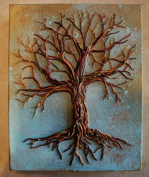 8x10 polymer clay tree by Laura Fesser Polymer Clay Trees, Clay Tree Sculpture, Polymer Clay Tree, Clay Tree, Hot Glue Art, Family Tree Painting, Glue Art, Clay Tiles, Clay Design