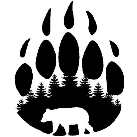 Black bear paw print with bear silhouette, tree border, vinyl sticker Paw Print Silhouette, Bear Claw Tattoo, Black Bear Tattoo, Tree Border, Silhouette Tree, Bear Tracks, Bear Paw Print, Tree Borders, Bear Silhouette