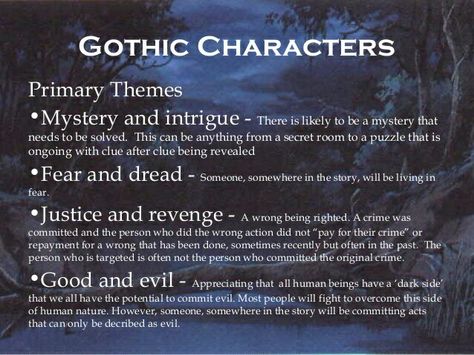 Gothic Themes Gothic Story Inspiration, Gothic Literature Prompts, How To Write Gothic Literature, Gothic Fiction Aesthetic, Gothic Horror Writing, Gothic Writing Tips, Writing Gothic Fiction, Gothic Novel Aesthetic, Gothic Story Ideas