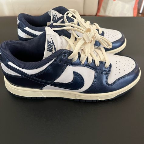 W Nike Dunk Low White/Midnight Navy 7.5. Brand New With The Box. Open To Offers. Shoe Lookbook, Blue Nikes, Pretty Sneakers, Navy Shoes, Beige Shoes, Swag Shoes, Blue Nike, Midnight Navy, Nike Dunk Low