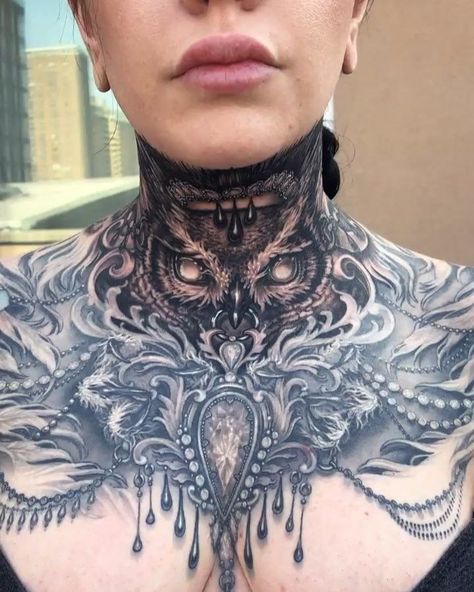 Ryan Ashley Malarkey Tattoo Designs, Throat And Chest Tattoo, Egyptian Stomach Tattoos Women, Neck Jawline Tattoo, Tattooed Back Women, Under Jawline Tattoo, Jawline Tattoo Women, Neck And Chest Tattoos, Ryan Ashley Tattoos