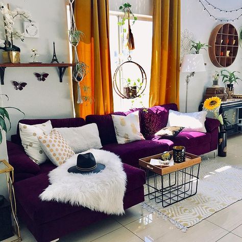 Purple Couch, Bohemian Furniture, Boho Furniture, Hippie Home Decor, Decoration Inspiration, L Shaped Sofa, Living Room Inspo, A Living Room, Couches Living Room