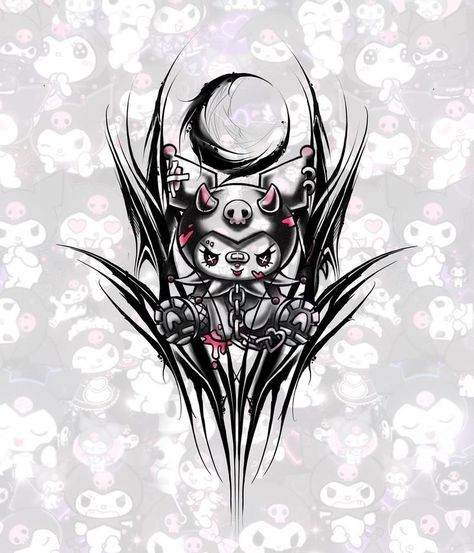 Kuromi Drawing Ideas, Kuromi Tattoo Aesthetic, Kuromi Tattoo Ideas, Hello Kitty X Kuromi, Kuromi Art, Tattoo Art Ideas, Kuromi Tattoo, Kuromi Aesthetic, Tattoos Sleeve