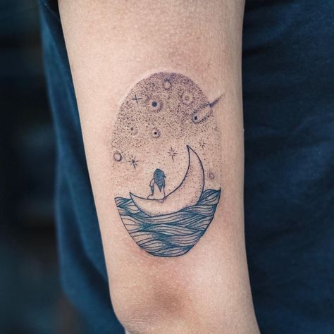 Crys Tattoo Artist on Instagram: “Moon River 🌙 for sweet Emily ❤️ Thank you so much for trusting me with your first tattoo and letting me have complete artistic freedom. I…” River Tattoo Ideas, Moon River Tattoo, Grandad Tattoo, Goat Tattoos, River Tattoo, Lake Tattoo, Tattoos 2024, About Moon, Galaxy Tattoo