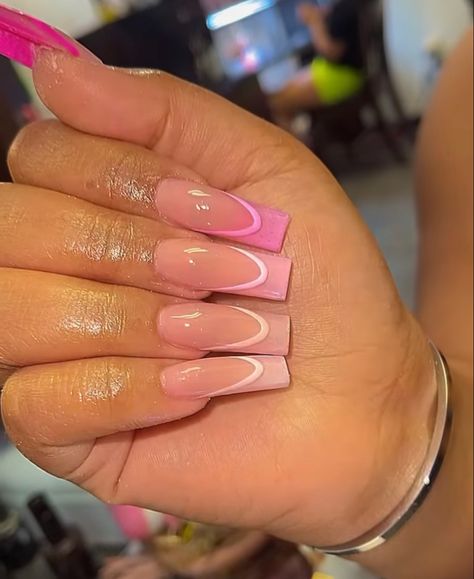 Gradient Pink Nails French Tip, Ombre Nails With French Outline, Pink And White French Tip Ombre Nails, Pink Ombre Nails French Tips, Ombré French Tip With Design, Gender Reveal Nails French Tip, Pink Ombré French Nails, White French Tip Nails With Pink, Ombré Nails French Tip