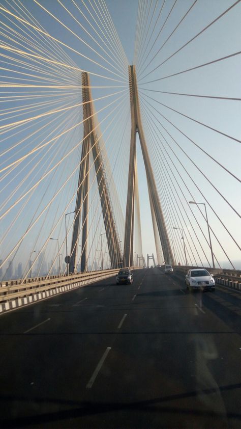 The Bandra–Worli Sea Link, is a cable-stayed bridge with pre-stressed concrete-steel viaducts on either side that links Bandra in the Western Suburbs of Mumbai with Worli in South Mumbai. Sea Link Mumbai Aesthetic, Bandra Worli Sea Link Snapchat, Bandra Mumbai Snapchat, South Mumbai Aesthetic, Bandra Mumbai Aesthetic, Mumbai Snap Stories, Mumbai Instagram Stories, Mumbai Snapchat Stories, Bandra Aesthetic