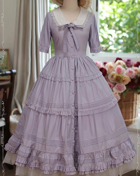 Story Clothes, Classic Lolita, Stylish Short Dresses, Tea Party Dress, Cottagecore Dress, Collar Designs, Purple Aesthetic, Classic Dress, Lace Applique