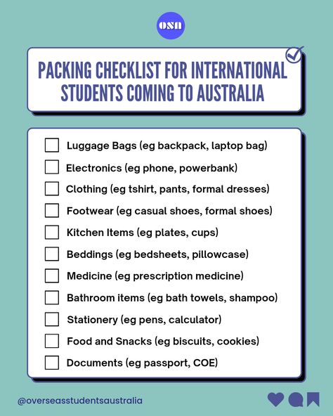 International Student Packing List, Australia Packing List, Study In Australia, Travel Packing Checklist, International Move, Moving Checklist, Moving To Australia, Packing Checklist, My Bags