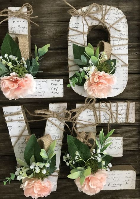 #Love Wooden Letter With Flowers, Wedding Initials Decor, Floral Letters Diy, Diy Letter Decor, Room Inspo Baddie, Floral Letters Wedding, Bedroom 90s, Wood Letters Decorated, Wooden Letter Ideas