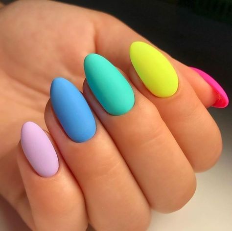 Short Almond Rainbow Nails, Matte Rainbow Nails, Multicolored Nails, Unghie Sfumate, Simple Gel Nails, Vibrant Nails, Cute Gel Nails, Nails 2023, Short Acrylic Nails Designs