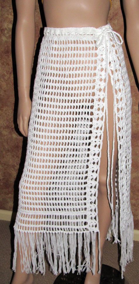 Crochet Mesh Skirt, Handmade Long Sarong, Wrap Around Fringed Skirt, Maxi Sheer Lace Skirt, Beach Cover Up, Handmade Clothing, Gift For Her Crochet Mesh Skirt, Crochet Wrap Skirt, Crochet Sarong, White Sarong, Maxi Skirt Pattern, Crochet Maxi Skirt, Skirt Beach, Sarong Wrap, Crochet Maxi